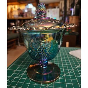 Vintage Peacock Teal Carnival Glass Covered Candy Dish Compote Pinecone Lid